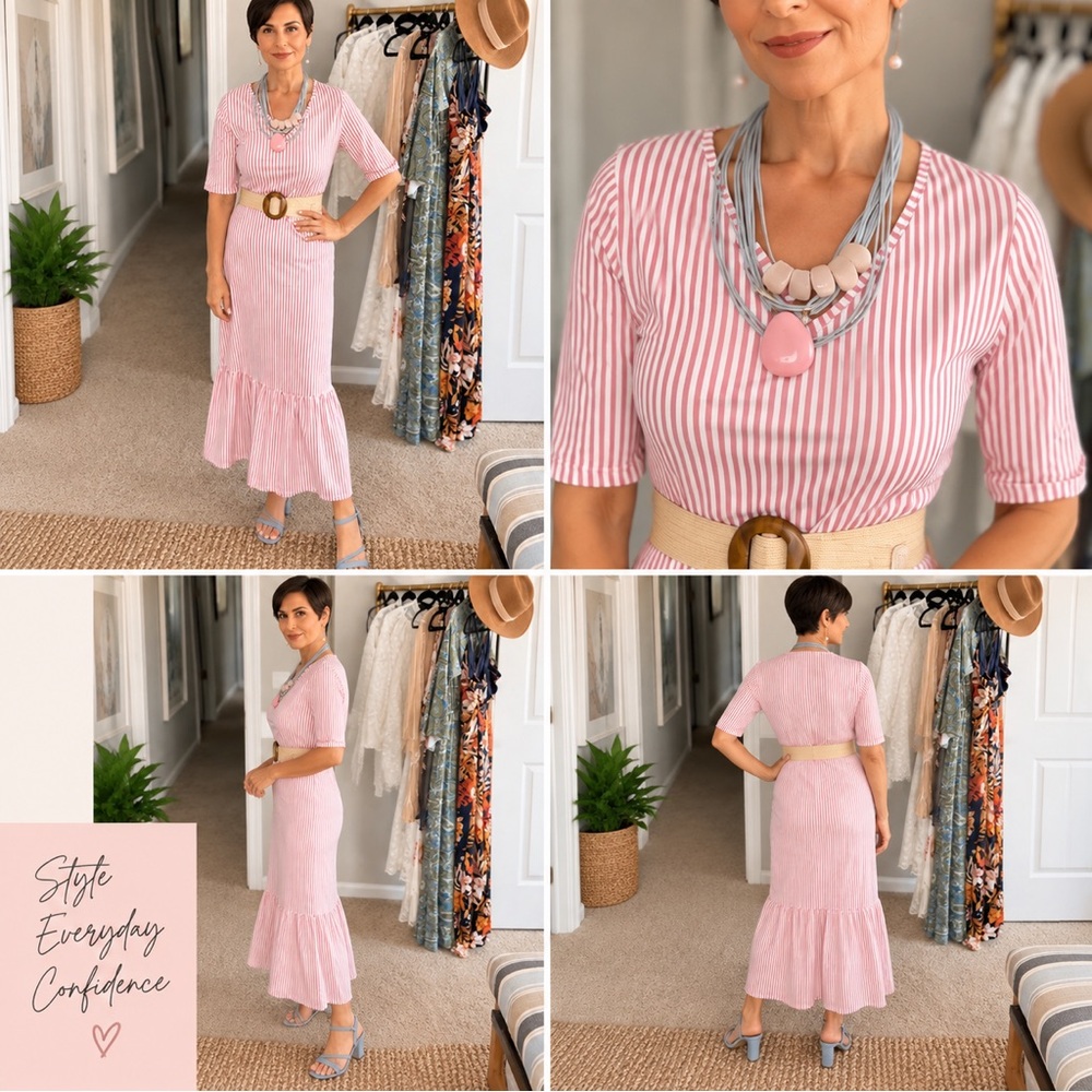 Striped Pink Maxi Skirt with Ruffle Hem